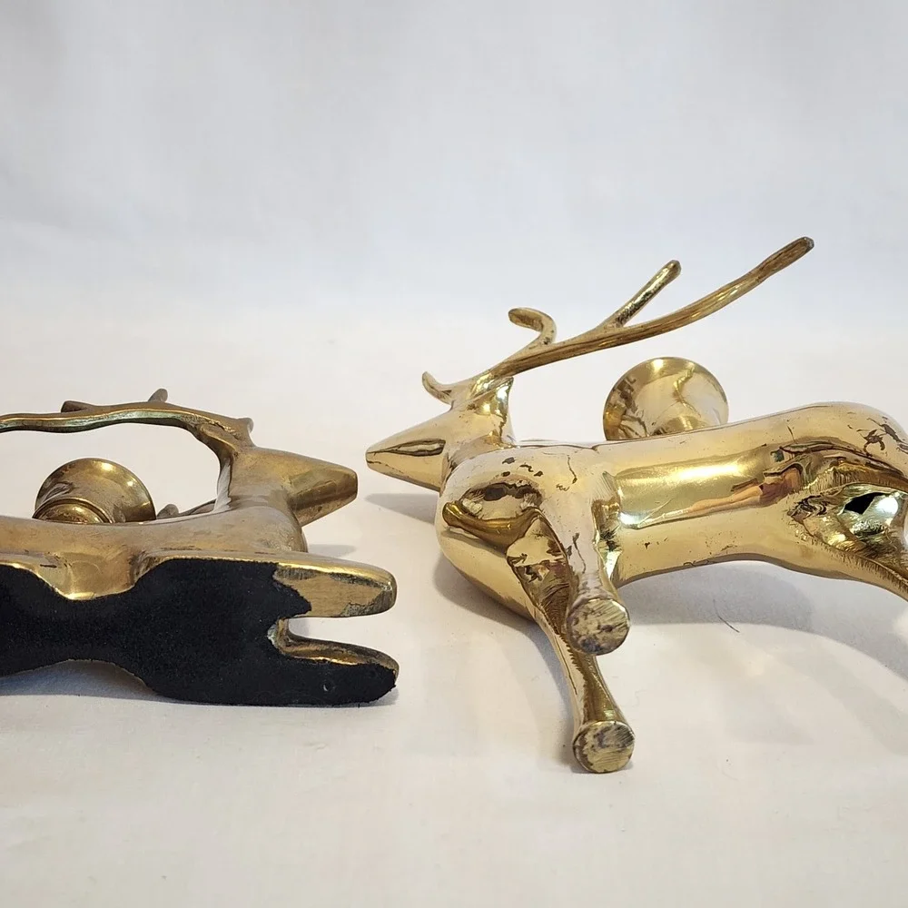Vintage Solid Brass Reindeer Candle Holder‎ Set Standing and Resting Deer MCM